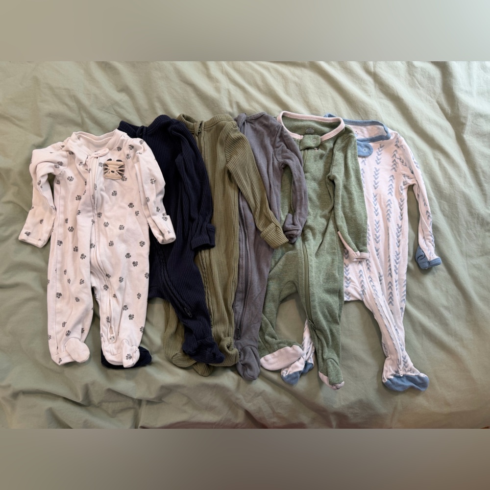 Mixed 3 Month Baby Footed Sleepsuits - Greens, Gray, Navy & White